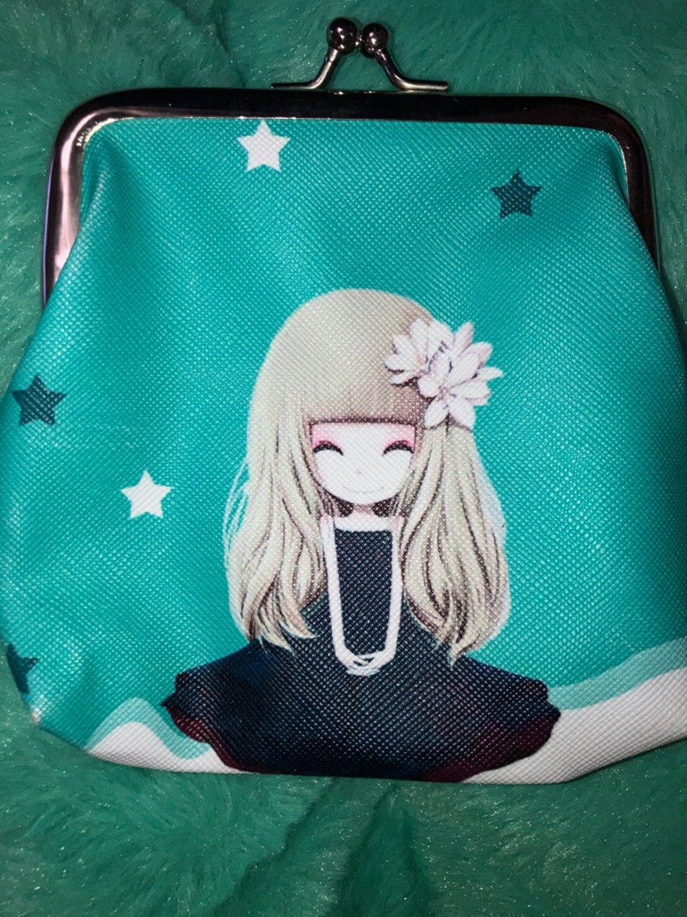 Anime Teen Cartoon Girl Kiss-Lock Coin Purse in Teal 5” X 5”